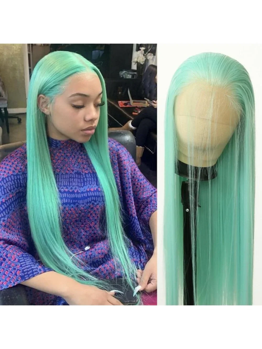 Mint Green Lace Front Wig - Long Straight, Pre-Plucked, Heat Resistant, Glueless